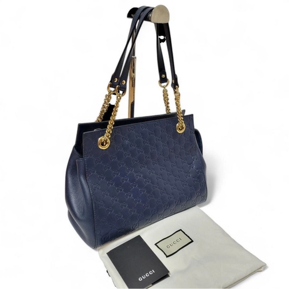 Gucci Dark Blue Leather Shoulder Bag with Gold Accents - Picture 1 of 16